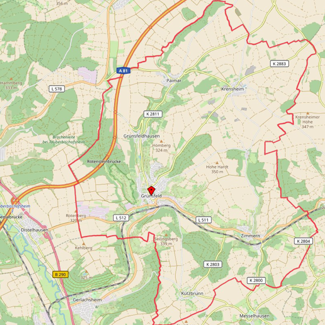 Landkarte von Grünsfeld und Umgebung mit eingezeichneter Gemarkungsgrenze